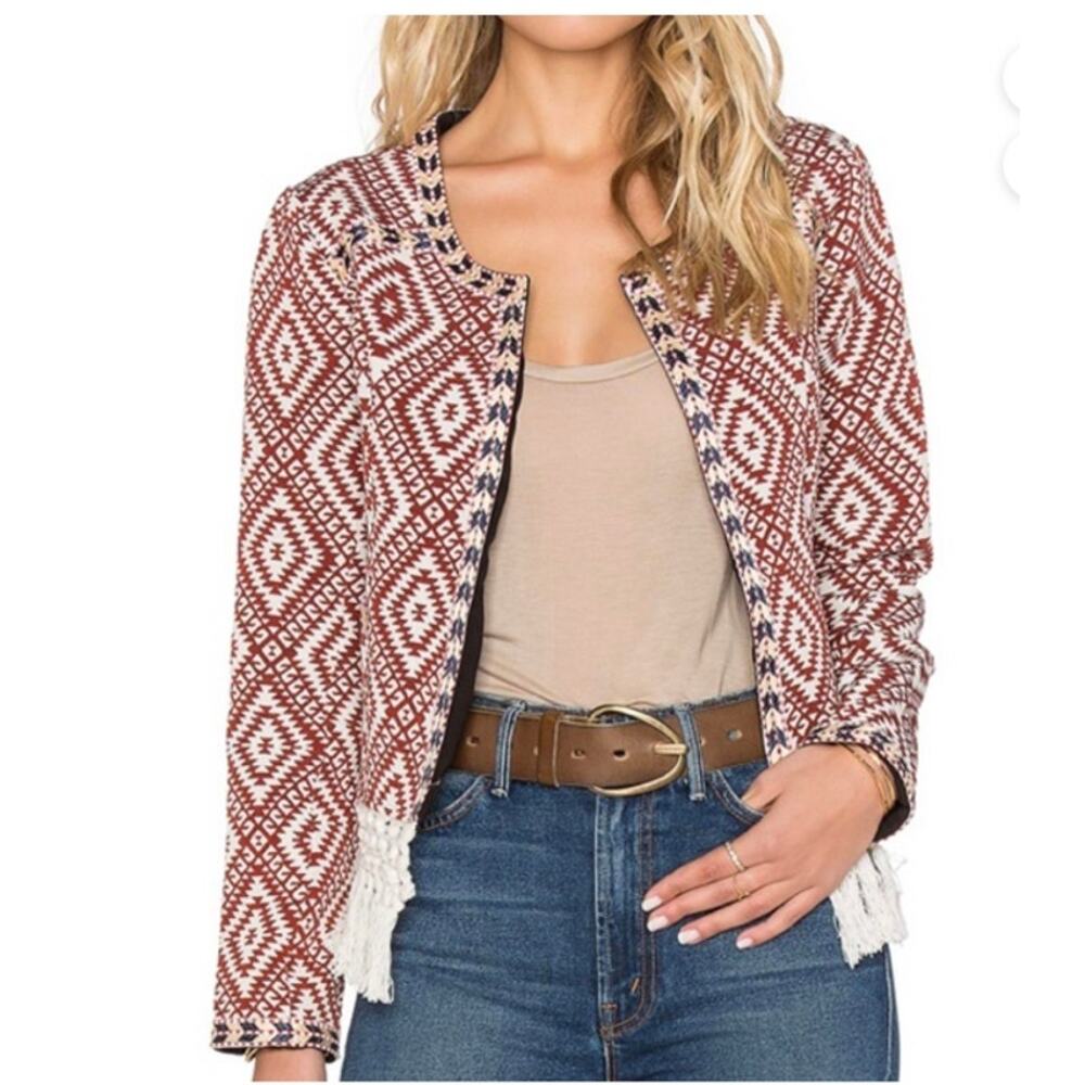 Tularosa Revolve Sante Fe Cropped Fringe Open Front Jacket Burnt Red Size XS